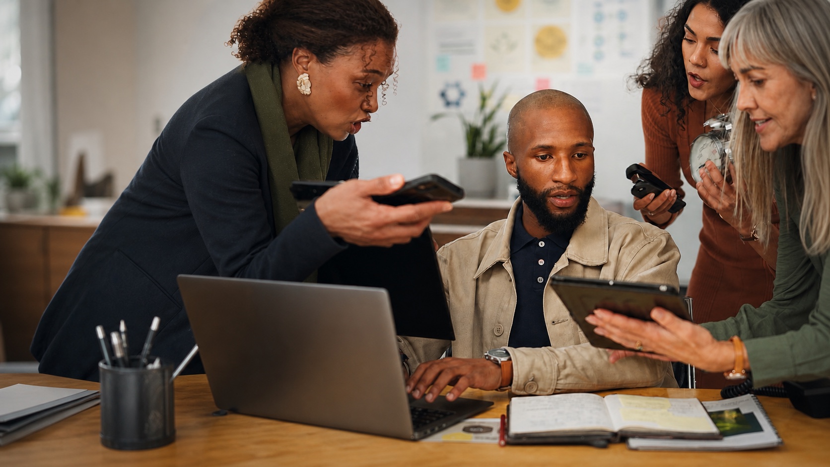 A business owner balancing conversations with his team