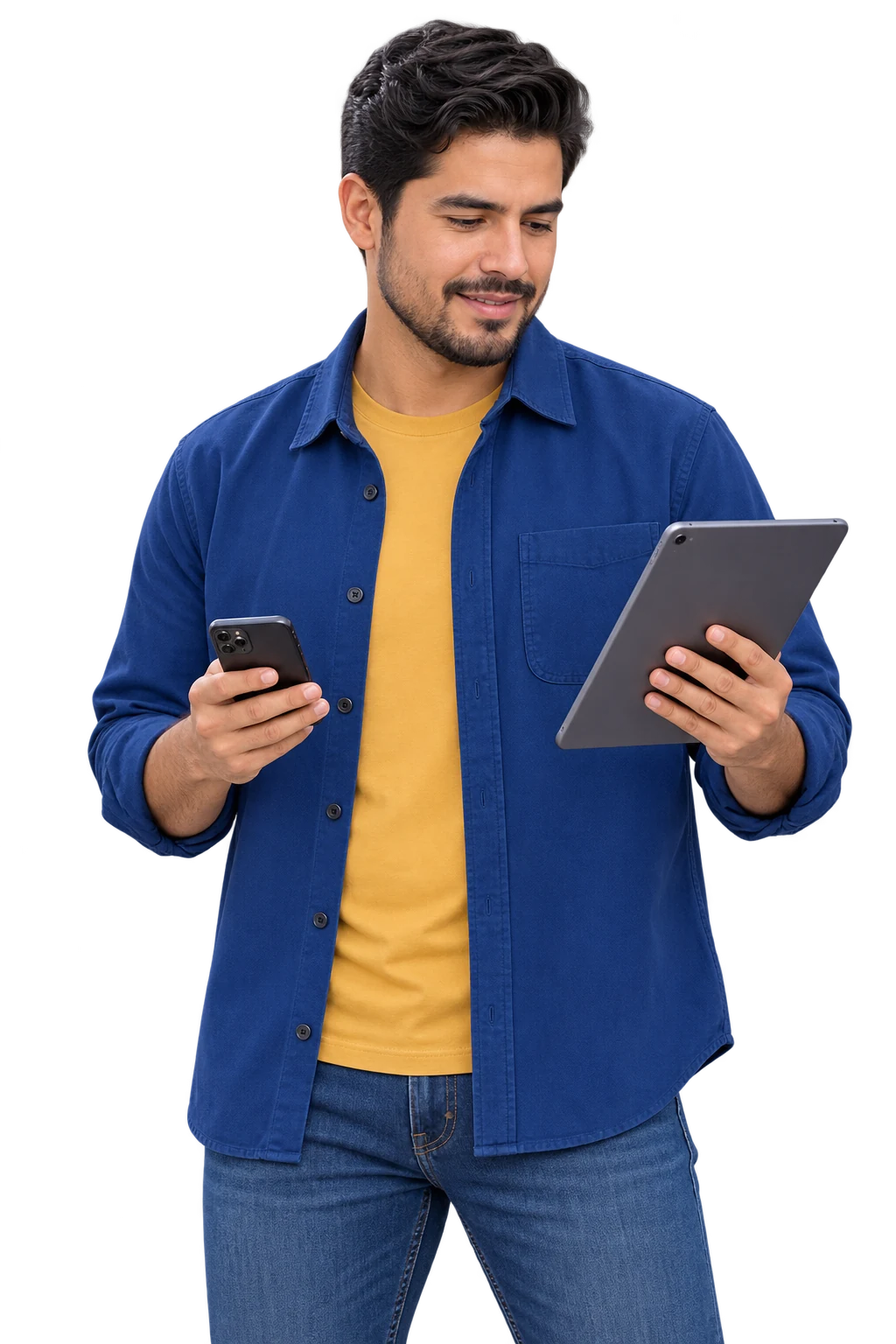 Entrepreneur managing customers with a phone and tablet